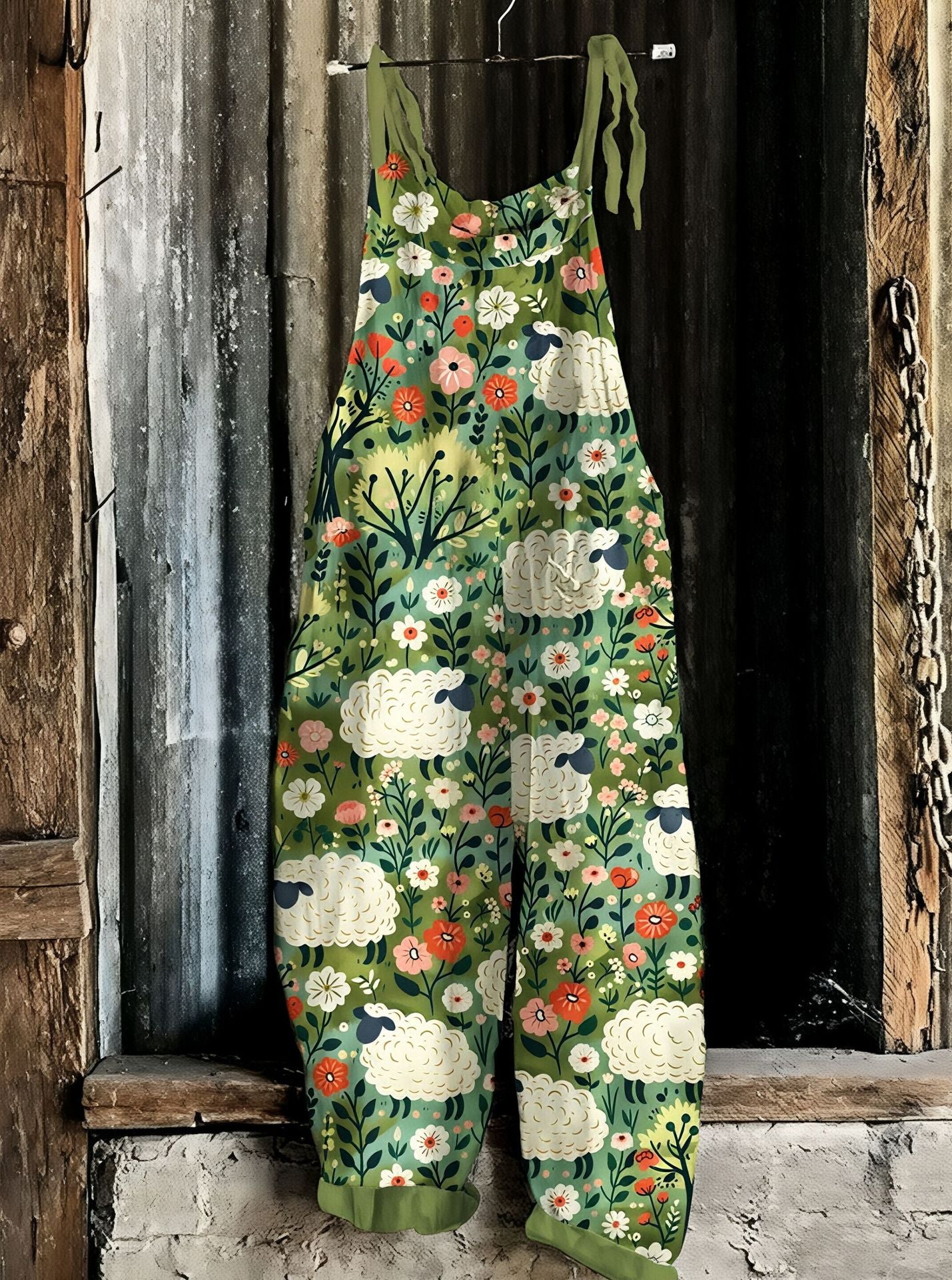 Women's Vintage Print Flared Suspender Pants