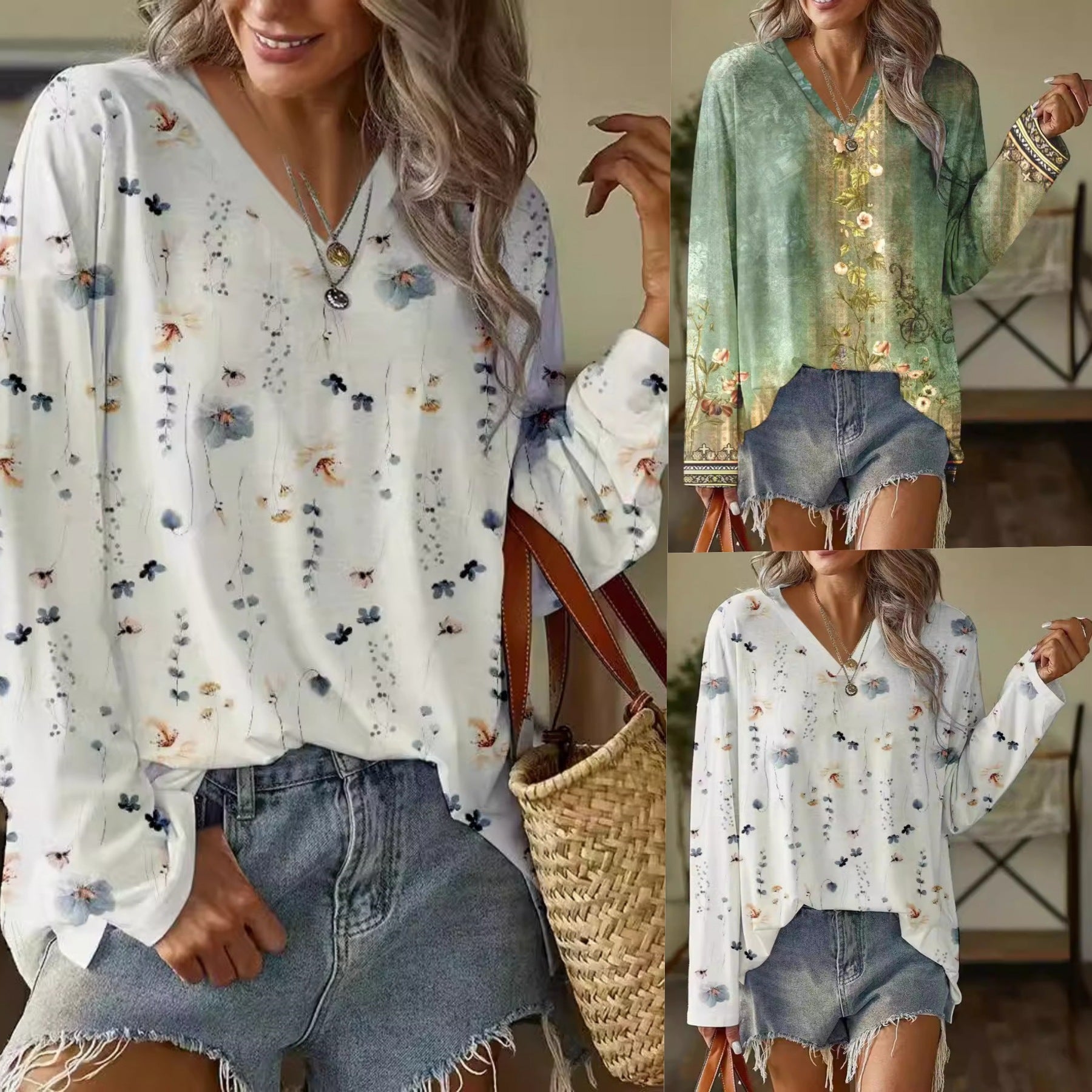 Floral Print V-Neck Long Sleeve Loose Casual Sweater