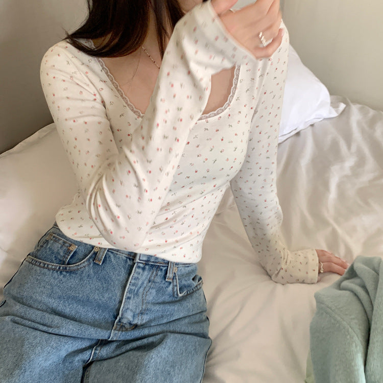 Floral Lace Long Sleeve Slim Crop Top