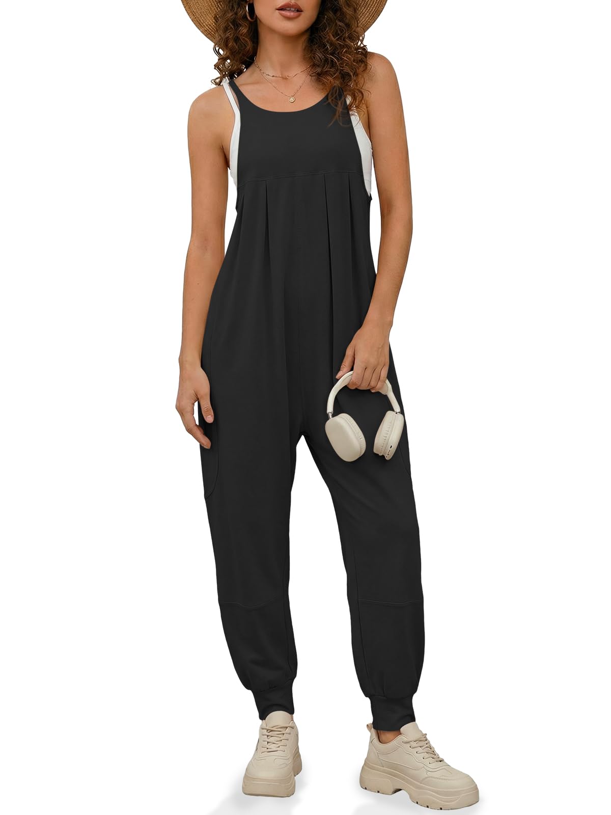 Fisoew Jumpsuits For Women Summer Casual Overalls Spaghetti Strap Sleeveless Pleated Rompers Jumpers With Pockets