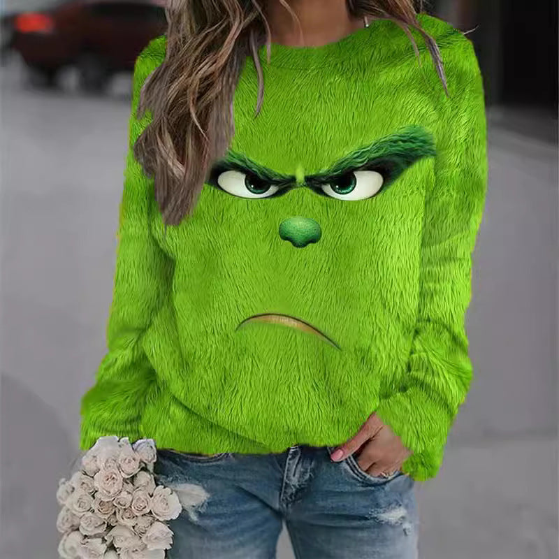 Green Fur Print Round Neck Loose Women's Pullover Sweater