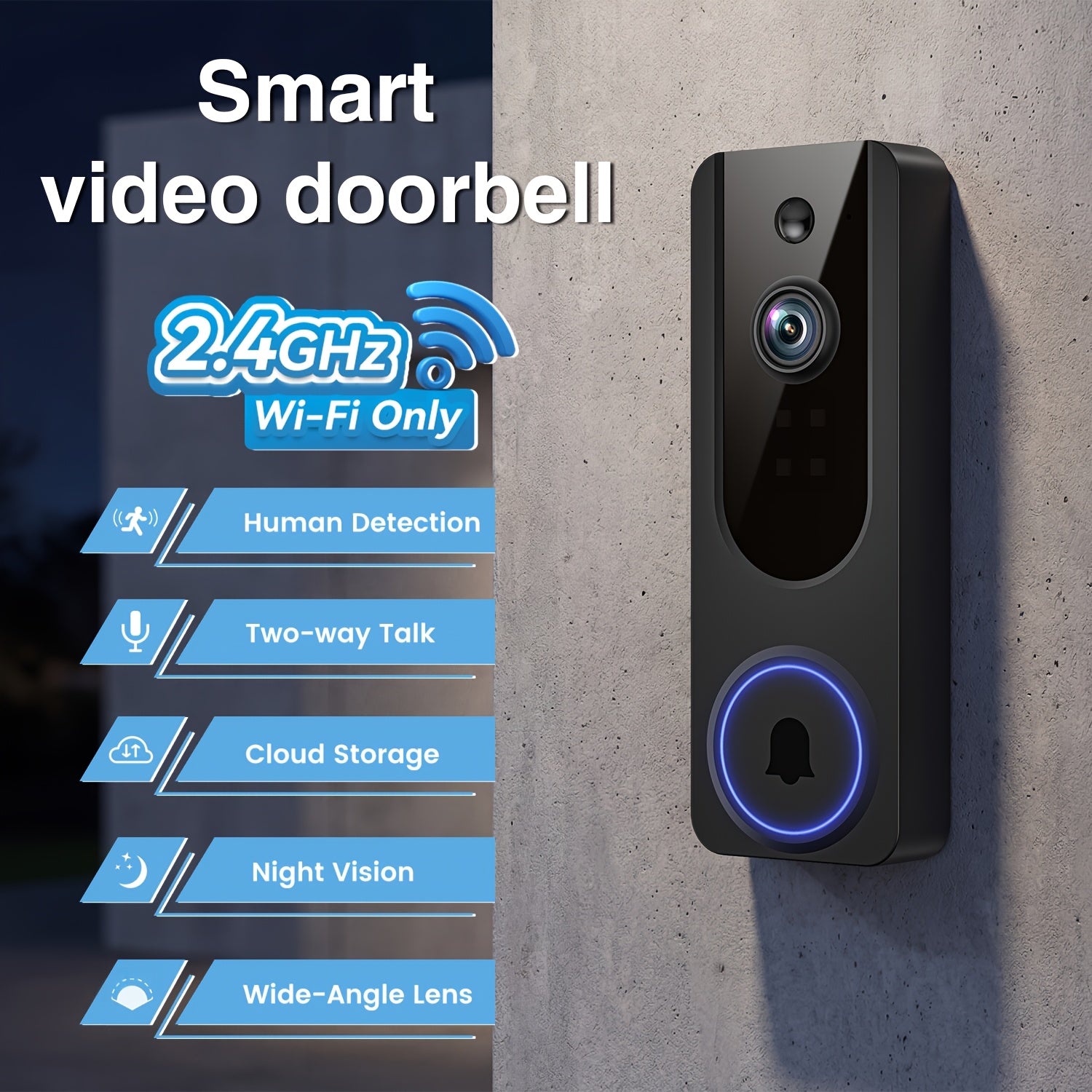 1920P Wireless Doorbell Camera with Night Vision, PIR Motion Sensor, Two-Way Audio and Real-Time Alerts