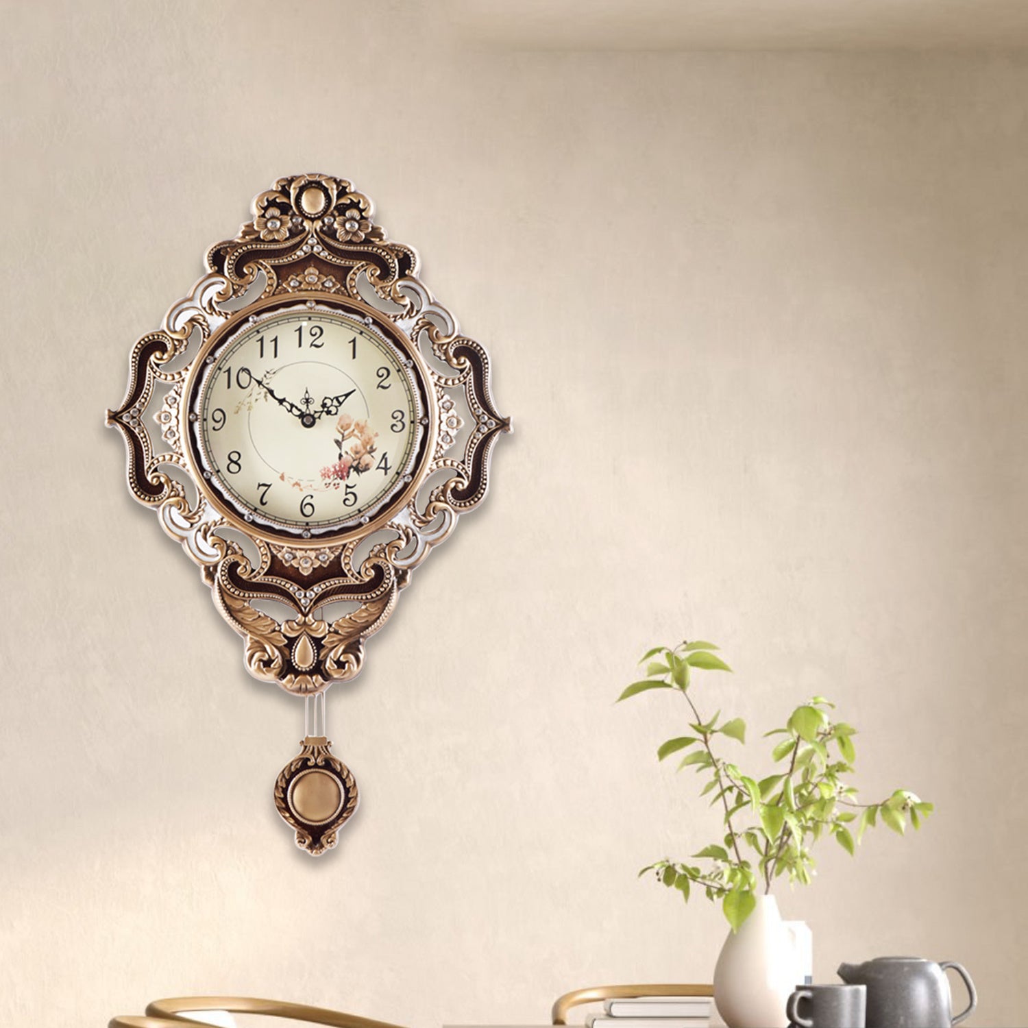 Home Decor Pendulum Wall Clock by Aero Snail, Crystal Made Style Metal Wall Clock, Battery Operated Wall Clock Watch, Vintage Clock Royal Wall Clock Watch for Home Decor Bedroom Living Room W746AX23