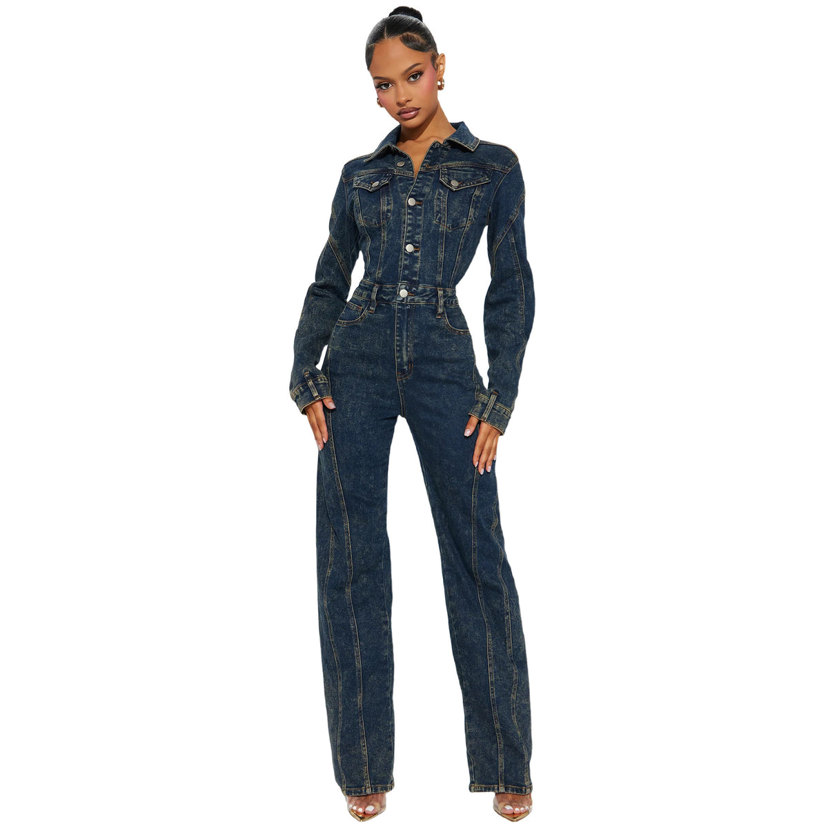 Washed Distressed Long-Sleeve Denim Jumpsuit