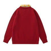 Retro Plaid Patchwork Mock Two-piece Letter and Star Embroidered Sweater