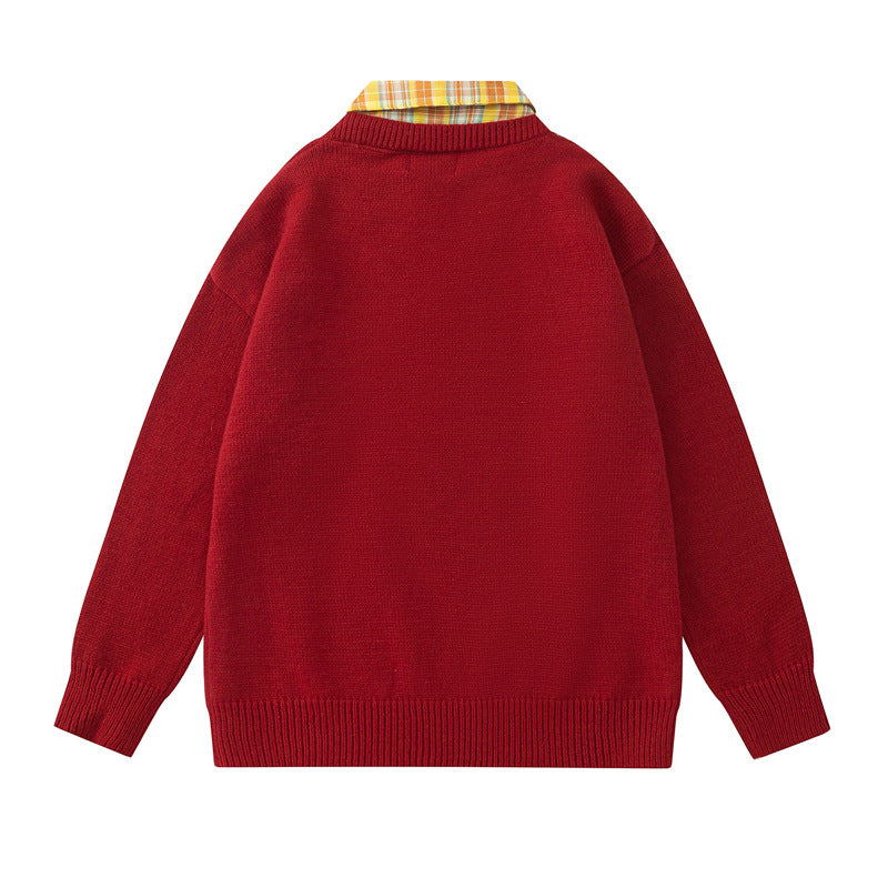 Retro Plaid Patchwork Mock Two-piece Letter and Star Embroidered Sweater