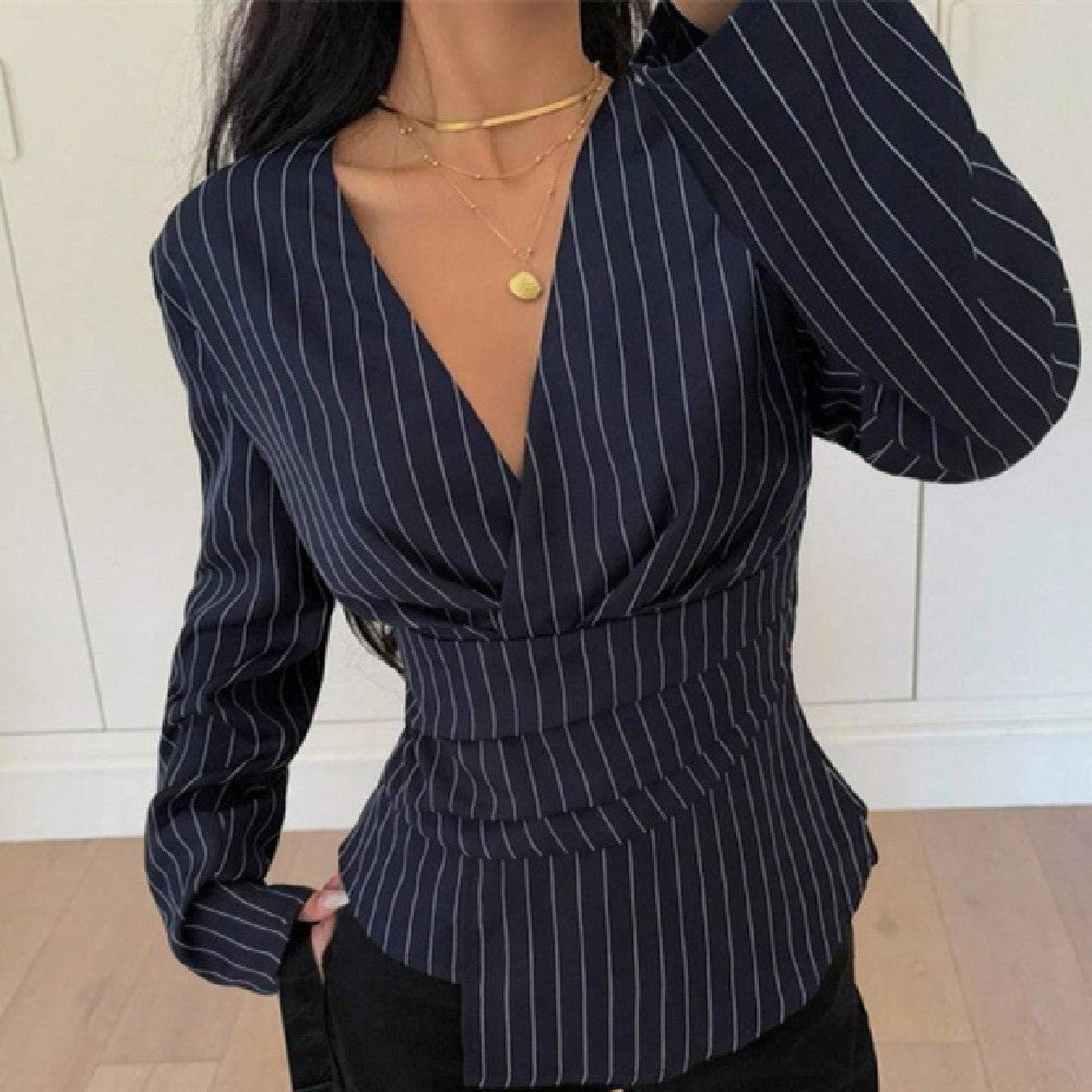 Women's Fashionable Contrast-Color Striped Printed Top