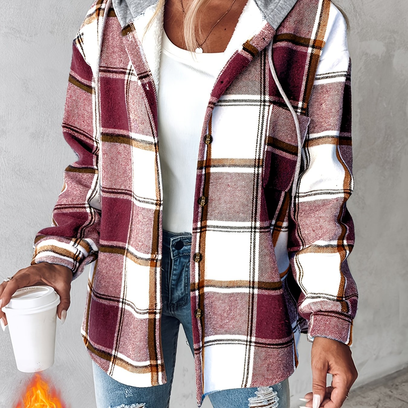 Women's Plaid Hooded Jacket with Fleece Lining