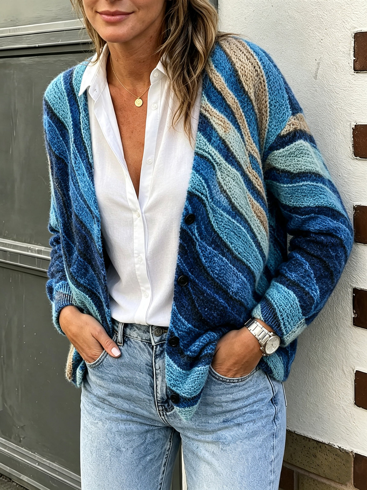 Retro Gradient Blue Wave Pattern Knitted Cardigan Ladies Oversized Polyamide Outerwear
