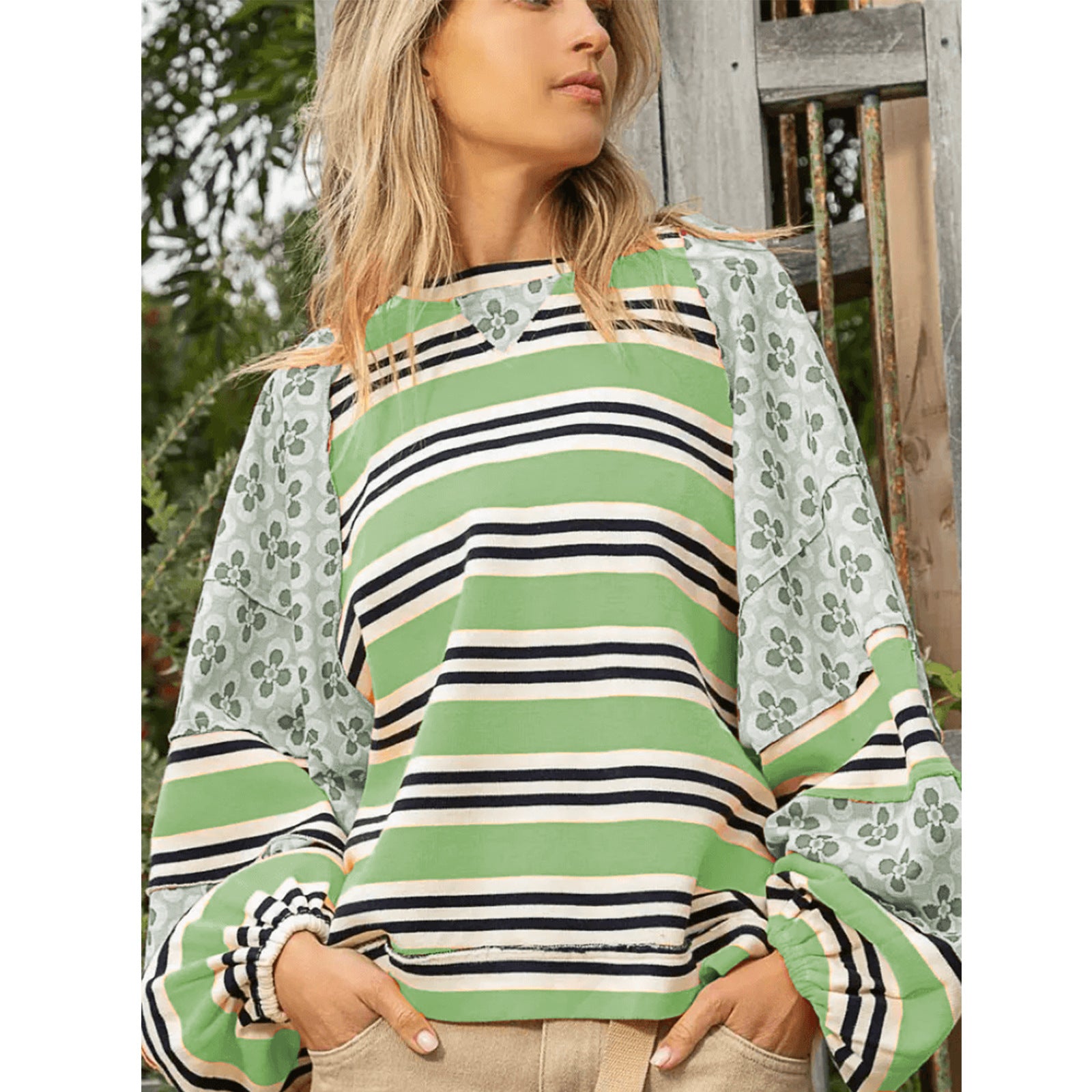 Women's Color Block Print Loose Long Sleeve Pullover Top