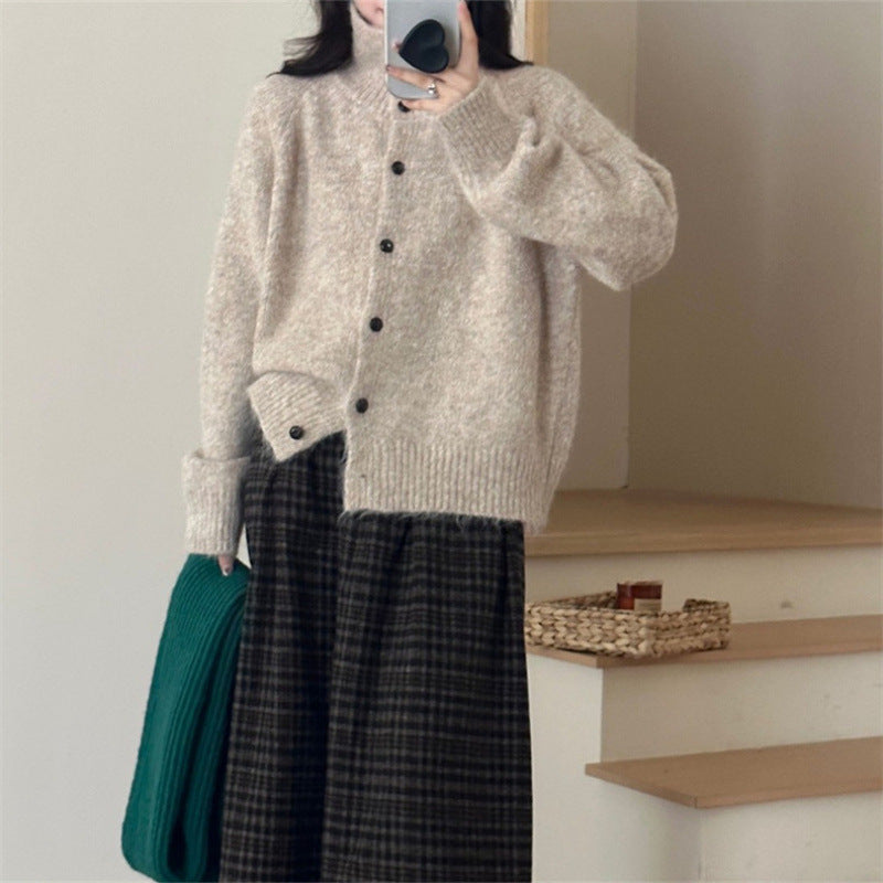 Retro Laid-back Turtleneck Knit Cardigan Sweater Coat