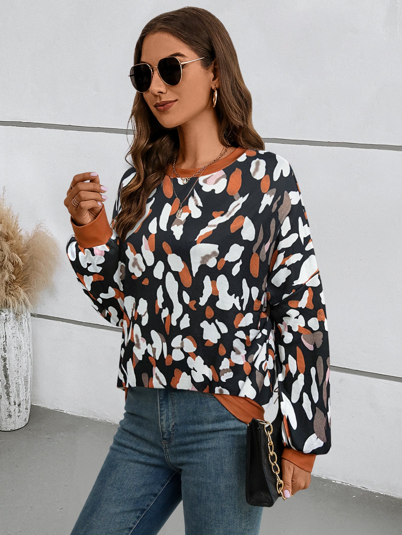 Chic Printed Lantern Sleeve Drop-Shoulder Sweater