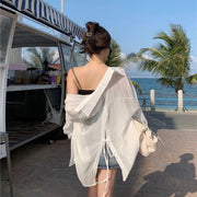 Sheer Sun-Protective Cardigan With Back Slit And Lace-Up Detailing