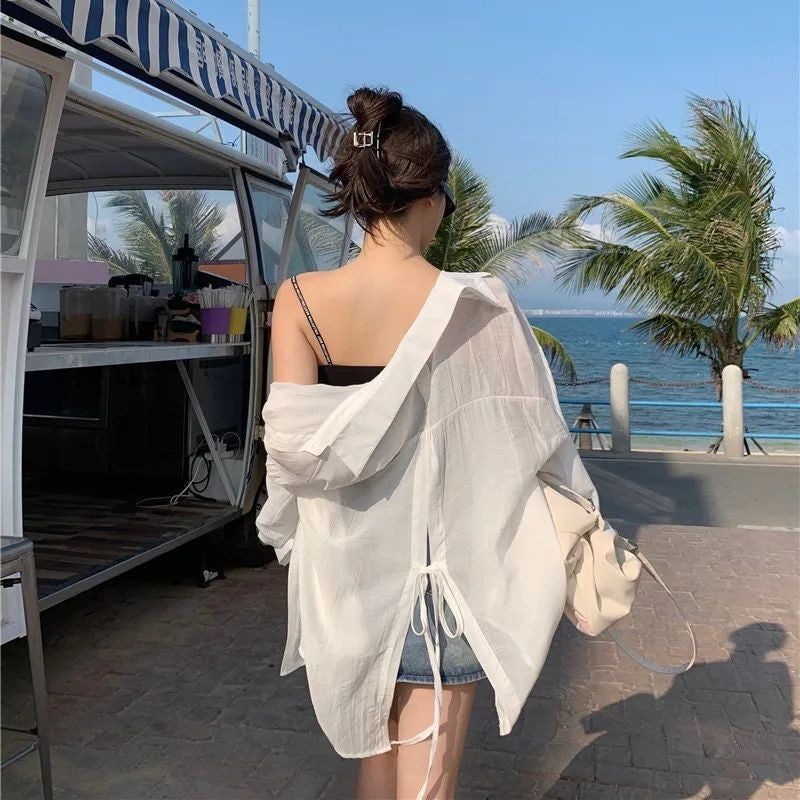 Sheer Sun-Protective Cardigan With Back Slit And Lace-Up Detailing