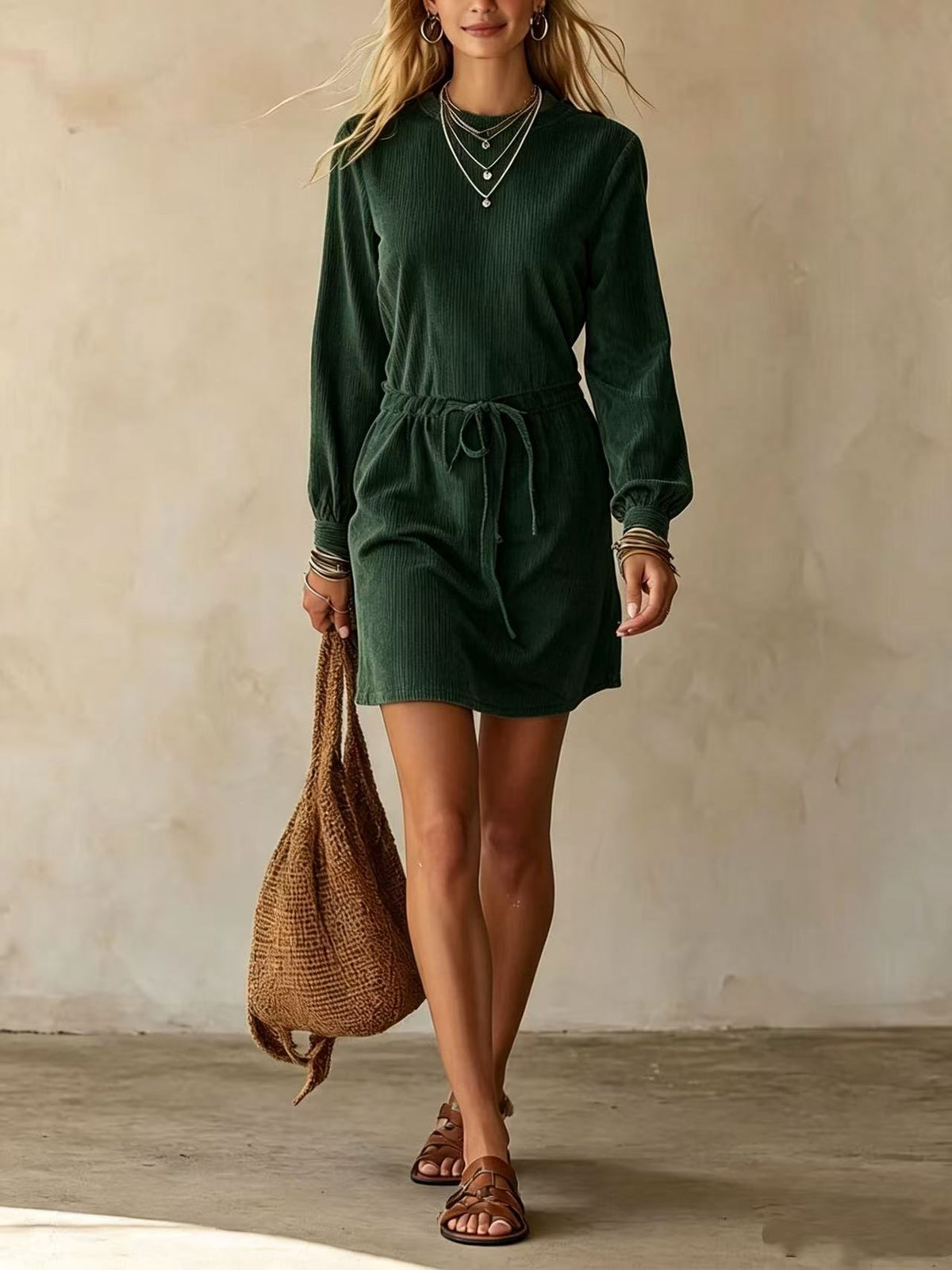 Cord-Tie High-Waist Corduroy Mini Skirt