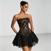 Strapless Fishtail Evening Gown Set Paired with a Lace Up Mesh Short Skirt and Top