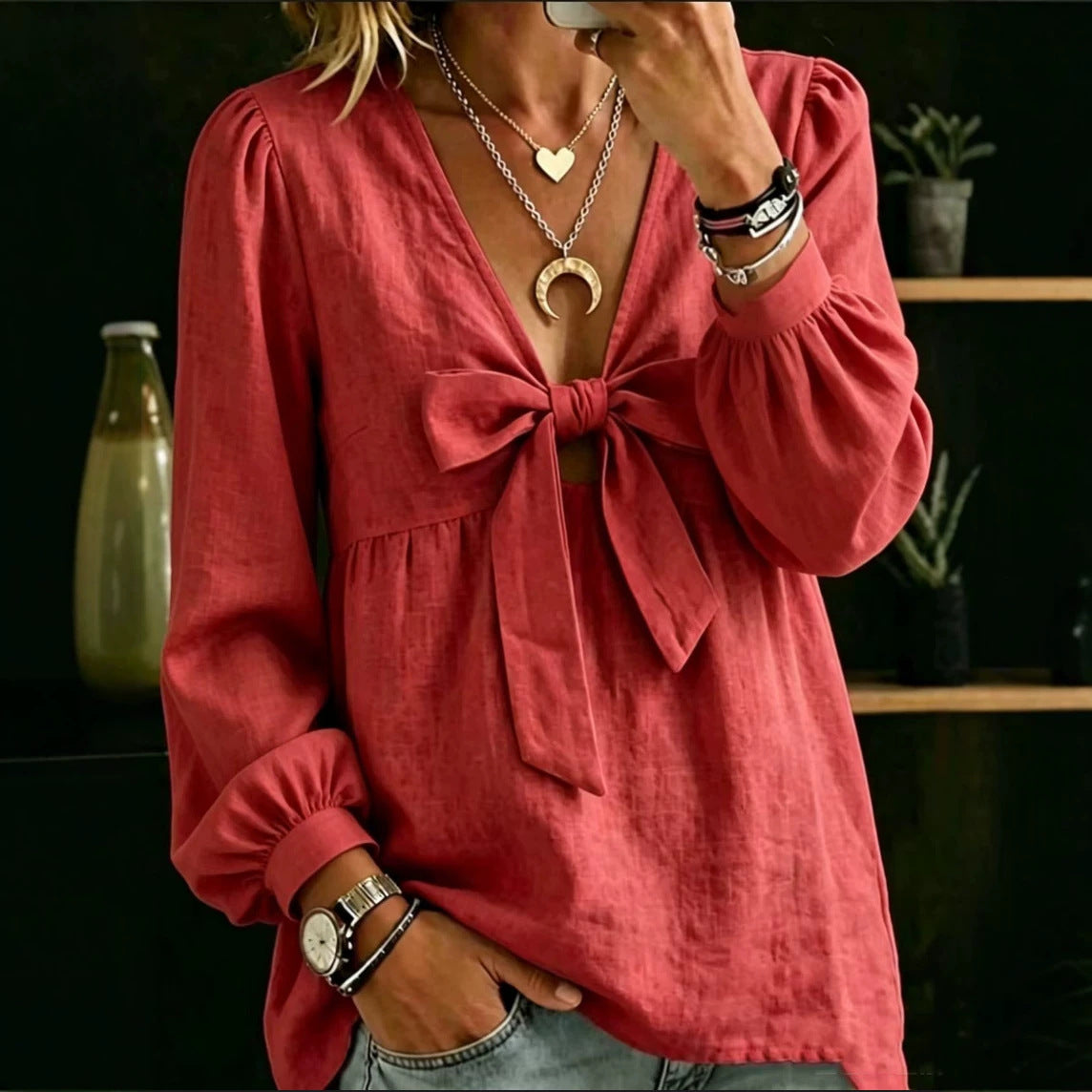 Autumn V-Neck Long-Sleeve Cotton Shirt