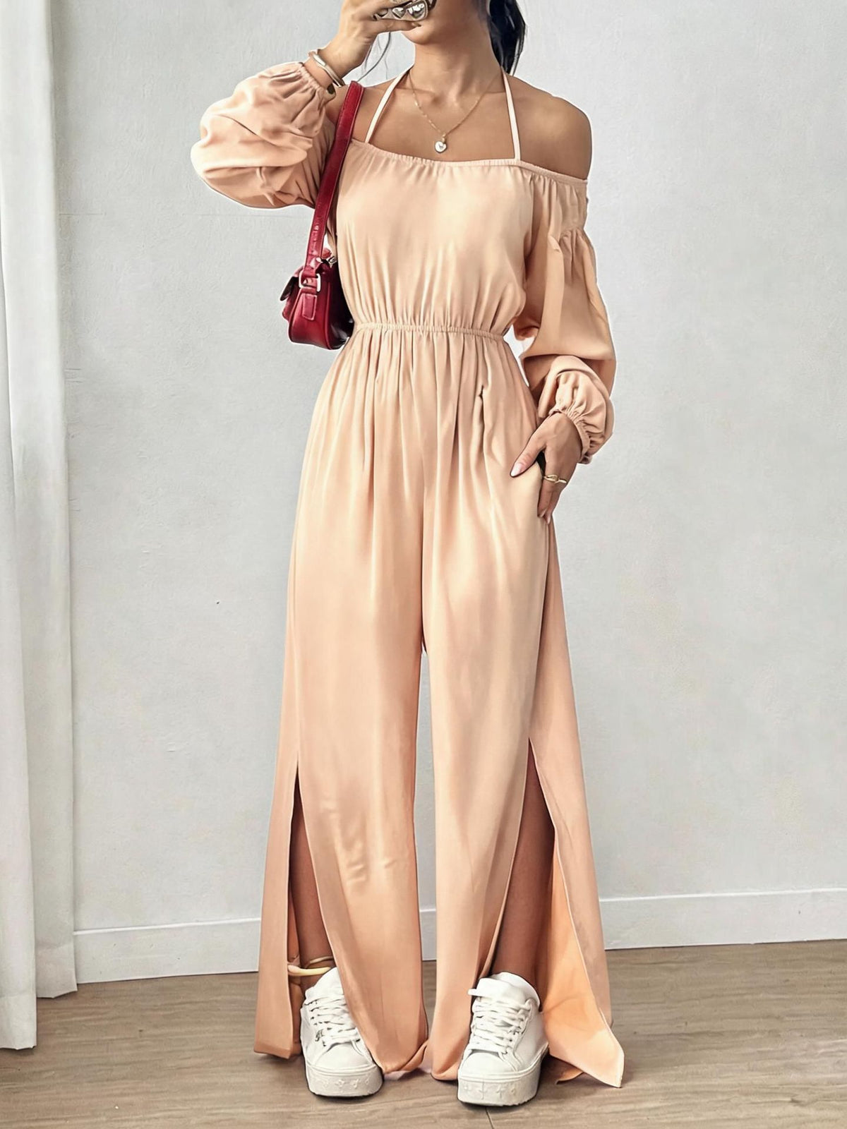 Women's Casual Strapless Slit Wide-Leg Jumpsuit