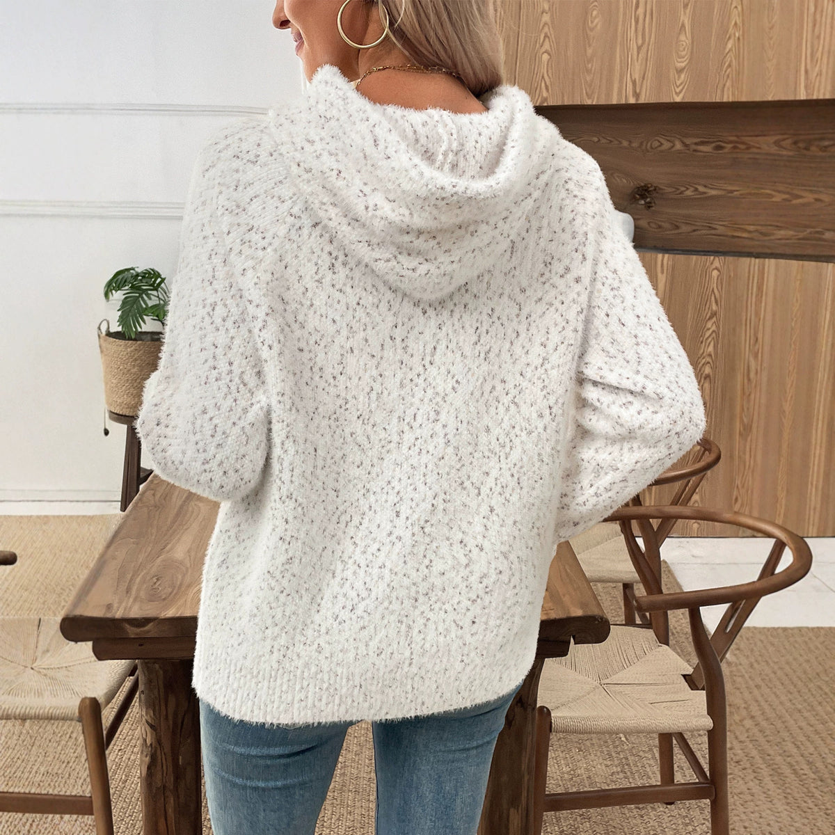 Letter Jacquard Hooded Knit Sweater Womens Loose and Soft Pullover