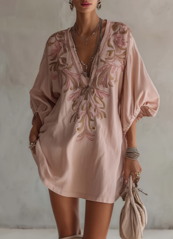 Embroidered V-neck Lantern Sleeve Cotton Linen Loose Short Dress