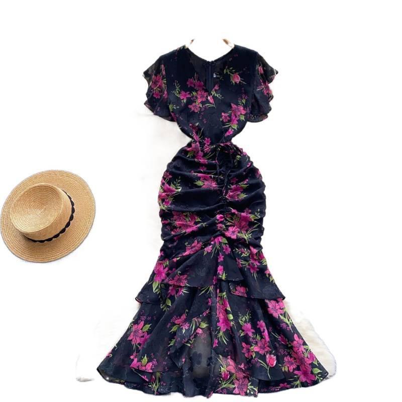 Fitted-waist Asymmetrical Floral Chiffon Mermaid Dress