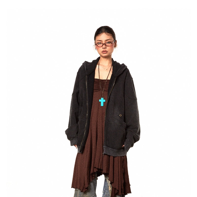 American Retro Washed Distressed Hooded Solid Color Hoodie