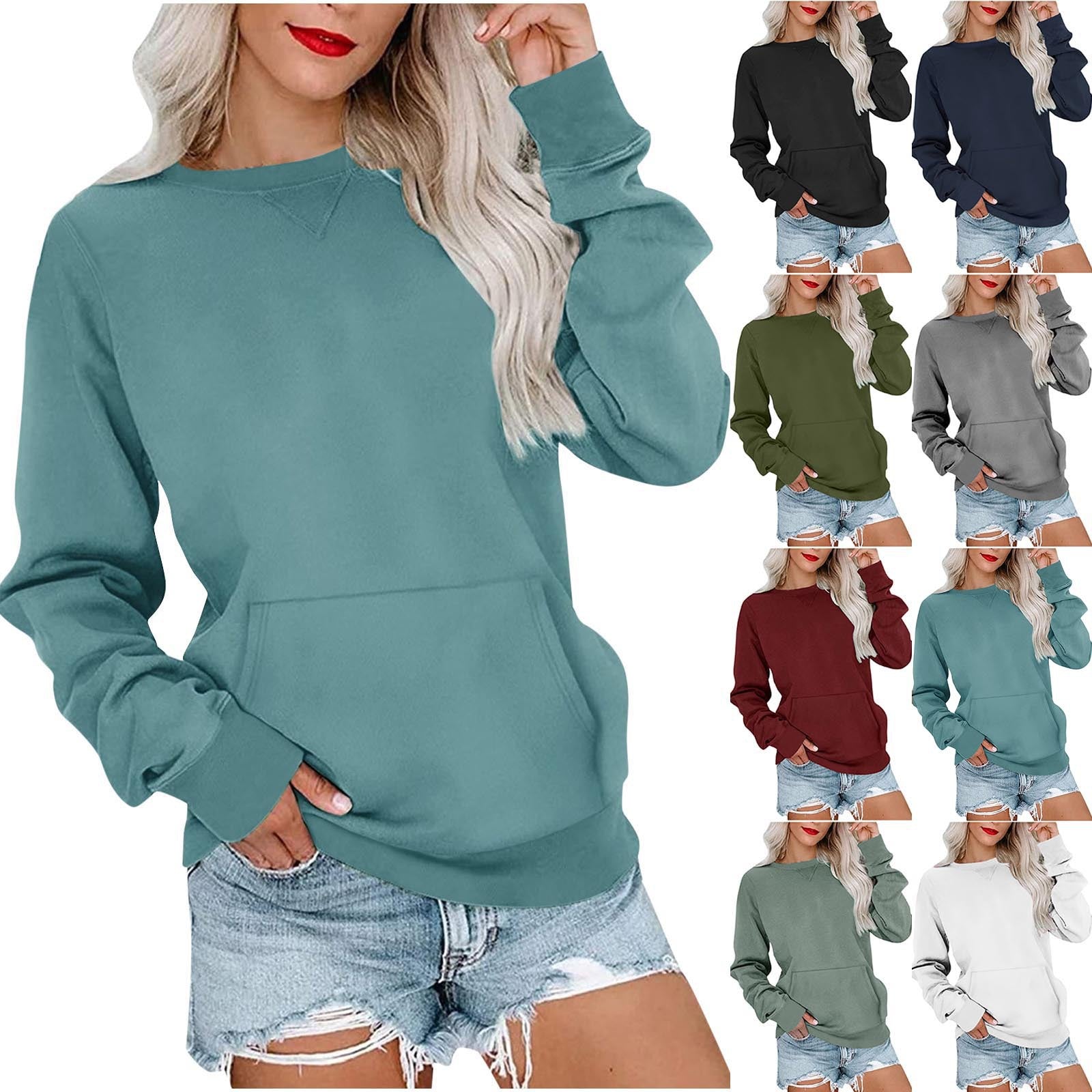Women's Loose Solid Pullover Sweatshirt with Pocket