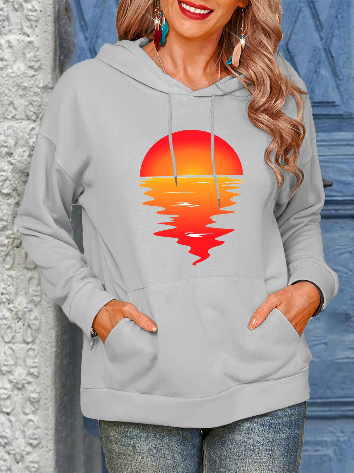 Women's Sun Print Drawstring Casual Hoodie