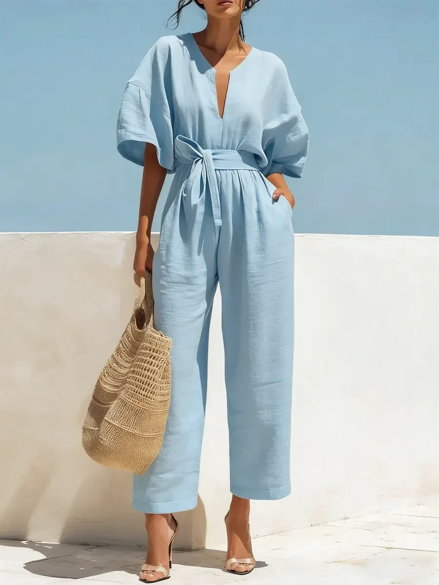 Women's Cotton Linen V-Neck Wide-Leg Jumpsuit