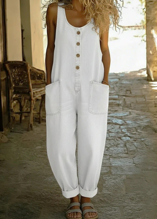 Retro Multi-Pocket Casual Buckle Jumpsuit