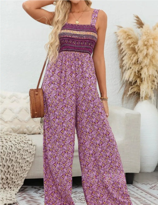 Bohemian Floral Spaghetti Strap Wide Leg Overalls