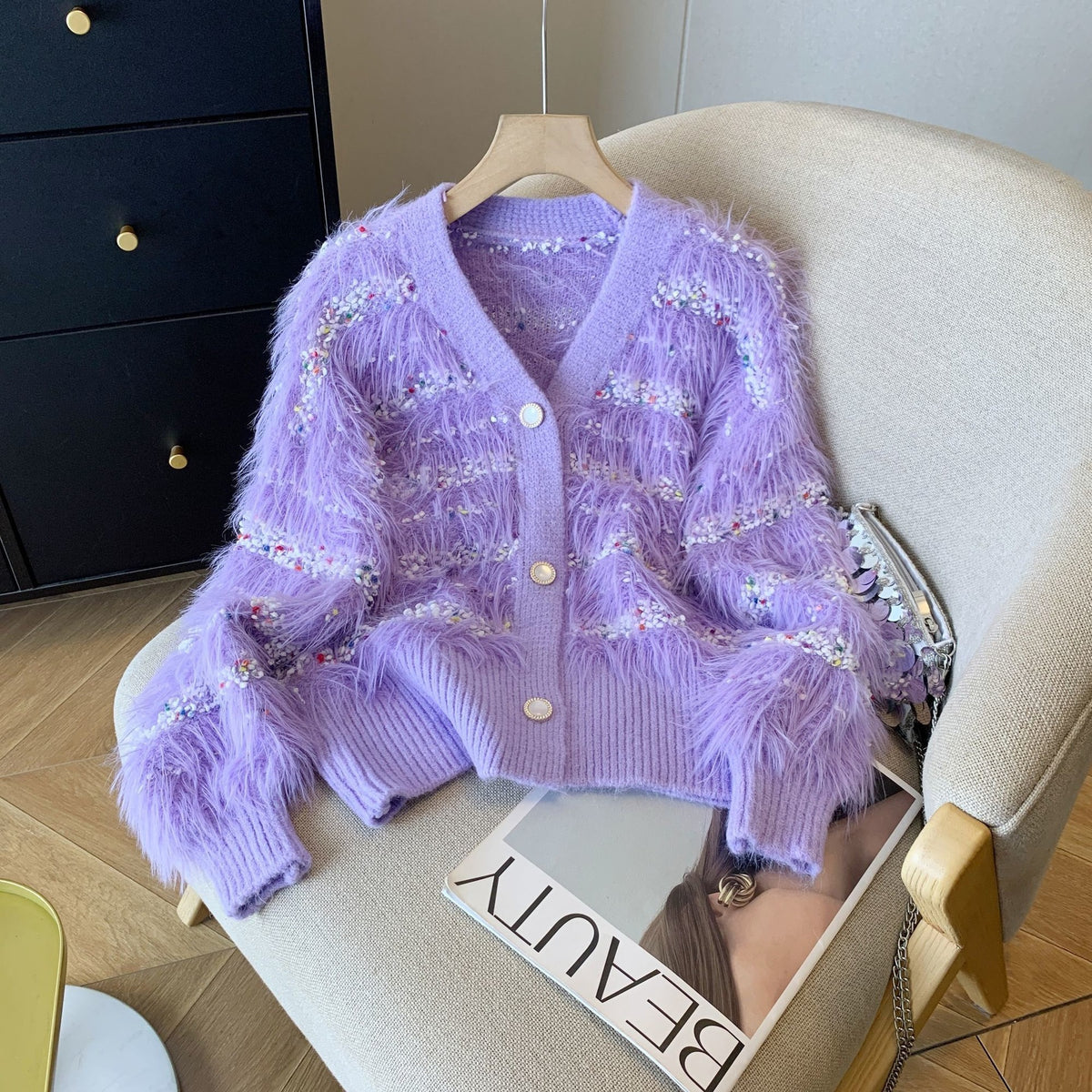 Mink-velvet Knitted Sweater Coat for Women Autumnwinter White with Tassels