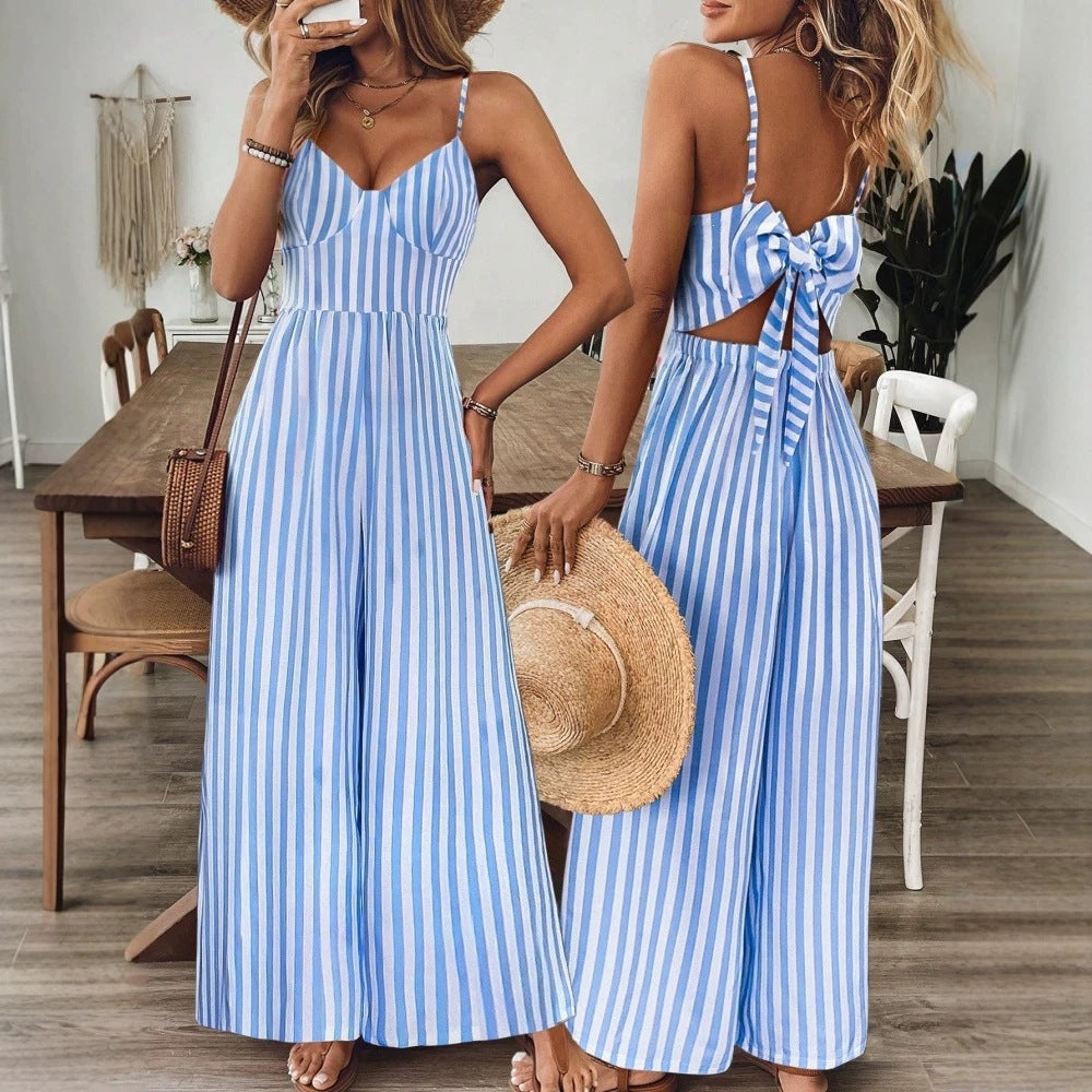 Trendy Summer Open-Back Bow Spaghetti Strap Jumpsuit