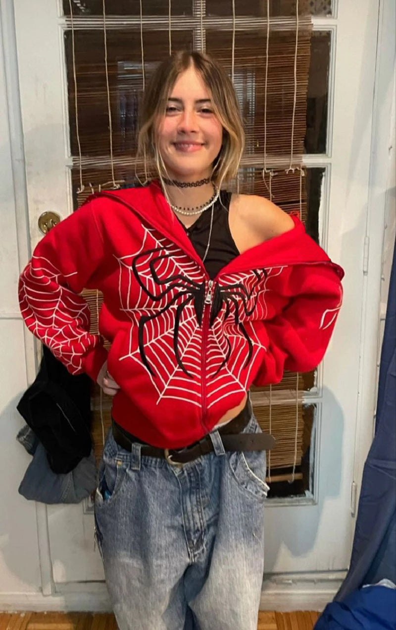 Spider Web Print Zip-Up Hoodie Streetwear Pullover