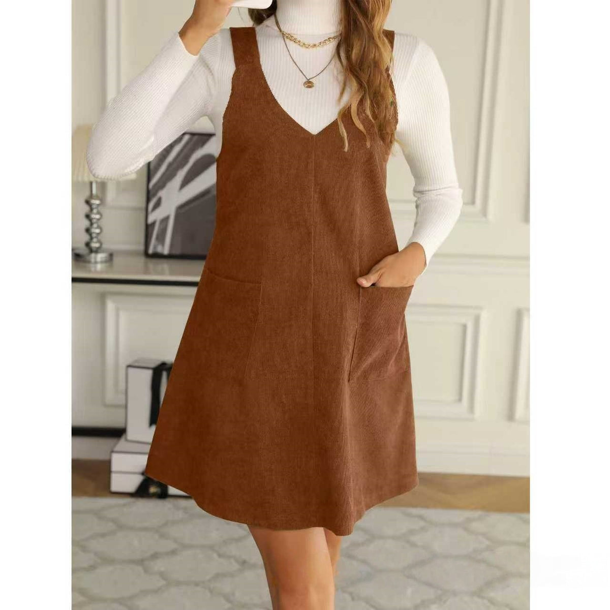 Trendy V-Neck Solid Corduroy Suspender Dress