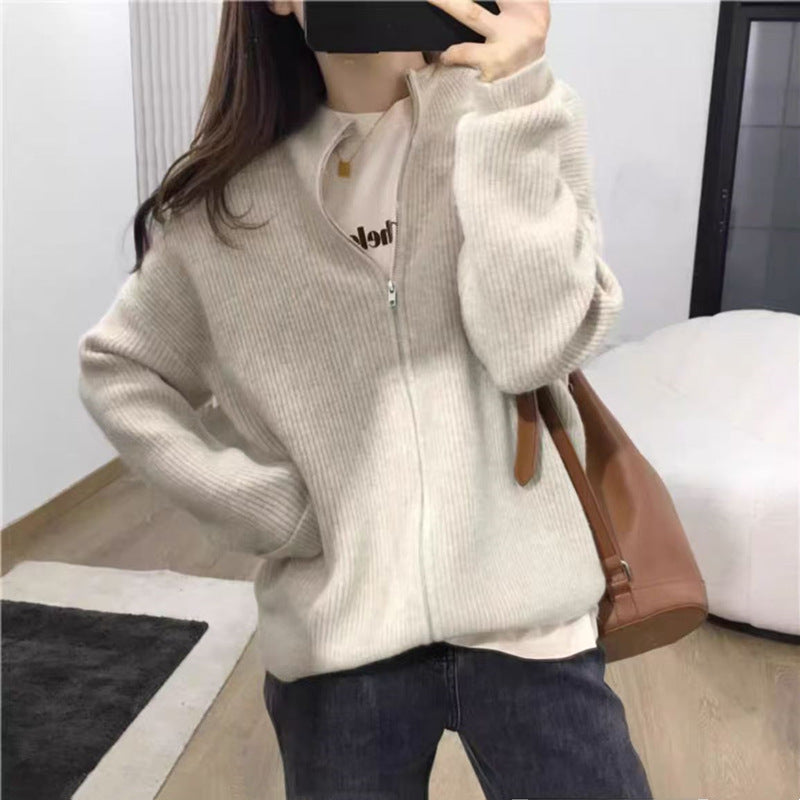 New Outdoor Idle Style Solid Color Zipper Knitted Cardigan Top