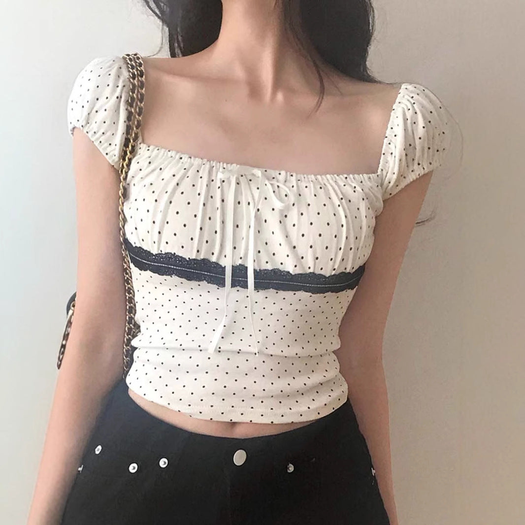Women's Polka Dot Lace Tied Collar Short Sleeve Top