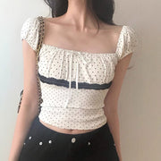 Women's Polka Dot Lace Tied Collar Short Sleeve Top