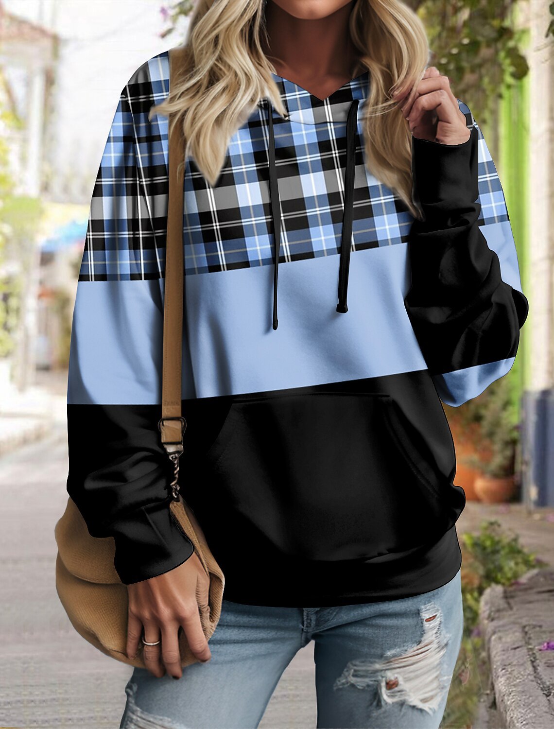 Women's Plaid Color Block Pullover Hoodie