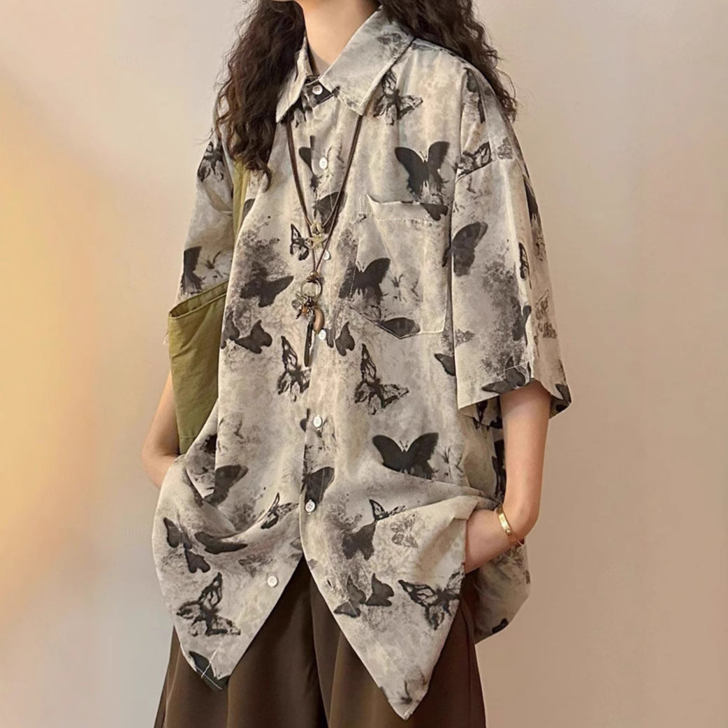 Vibrant Butterfly Print Short Sleeve Shirt – Flirty & Light