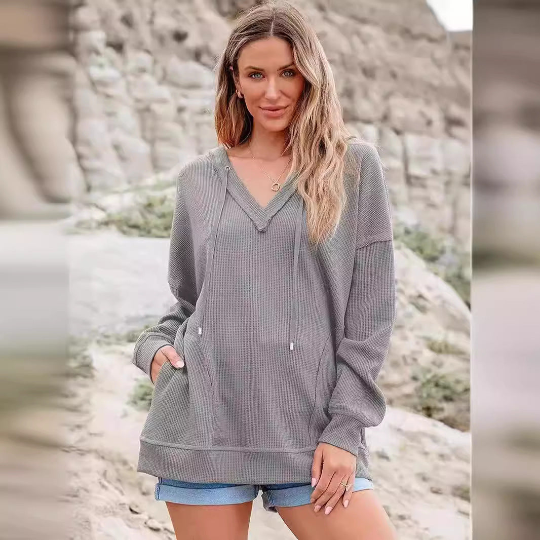 Women's V-Neck Waffle Knit Long-Sleeve Hoodie