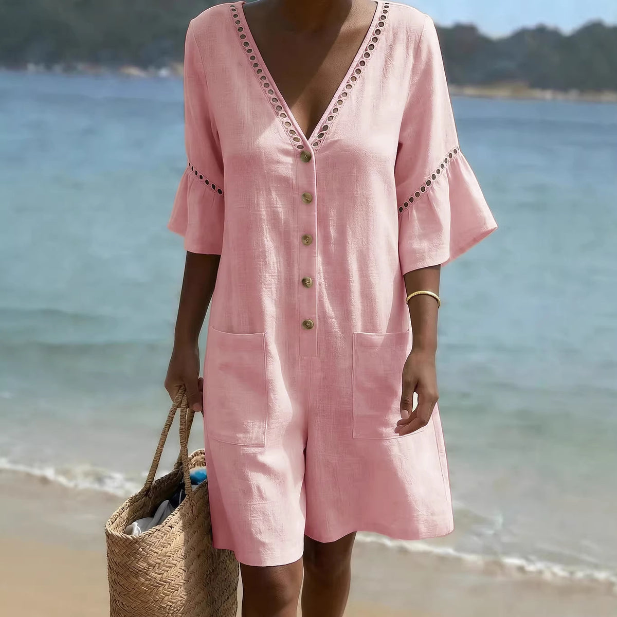 Lace-Trimmed V-Neck Casual Jumpsuit