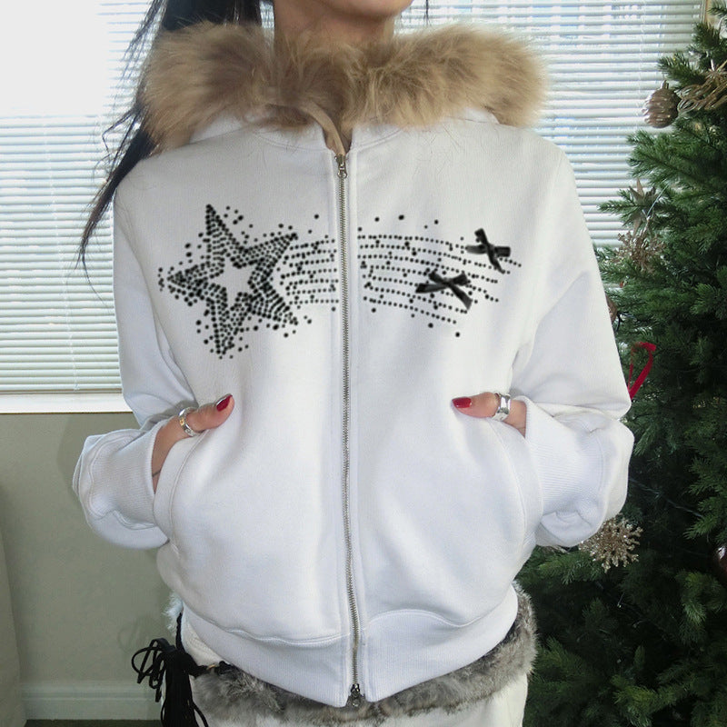 Retro Fur Collar Zip Sweater Cardigan