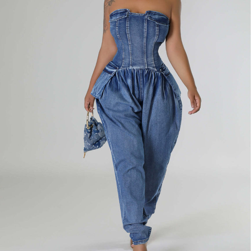Women's High Stretch Denim Tube Top Jumpsuit
