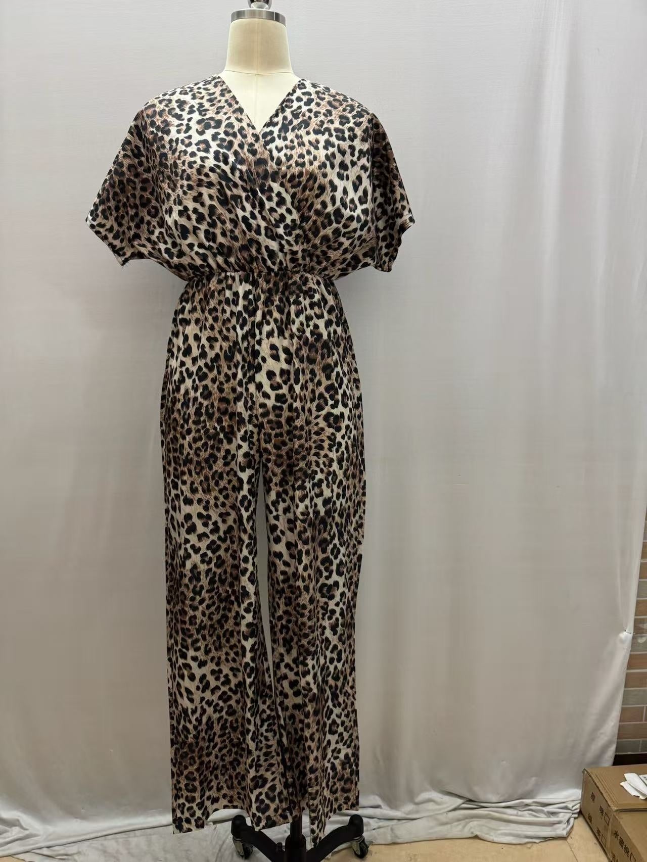 Leopard Print V-Neck Flounce Sleeve Wide-Leg Jumpsuit