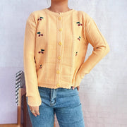 Cherry Embroidered Cute Style Wavy Round Neck Single-breasted Sweater Cardigan