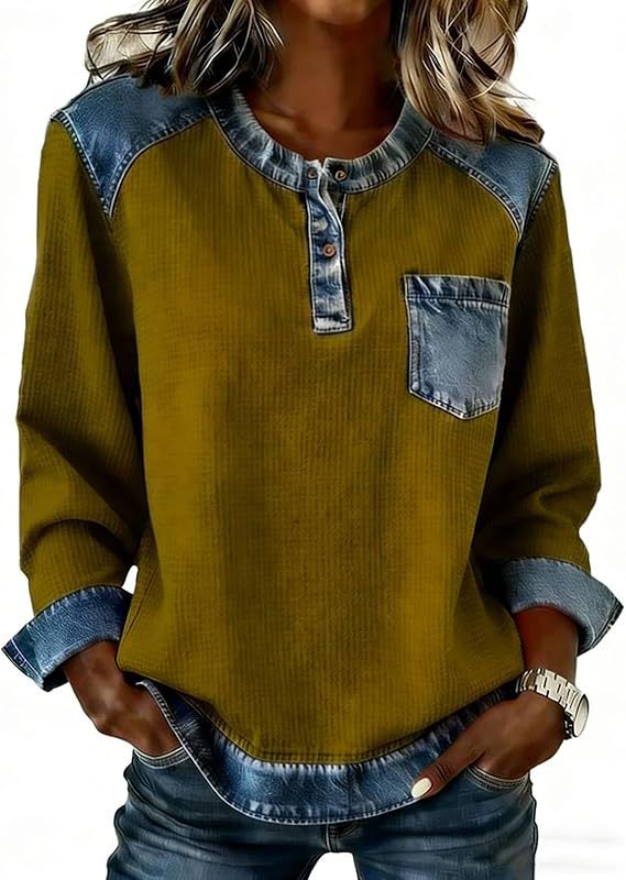 Patchwork Button Pocket Long Sleeved Round Neck Top