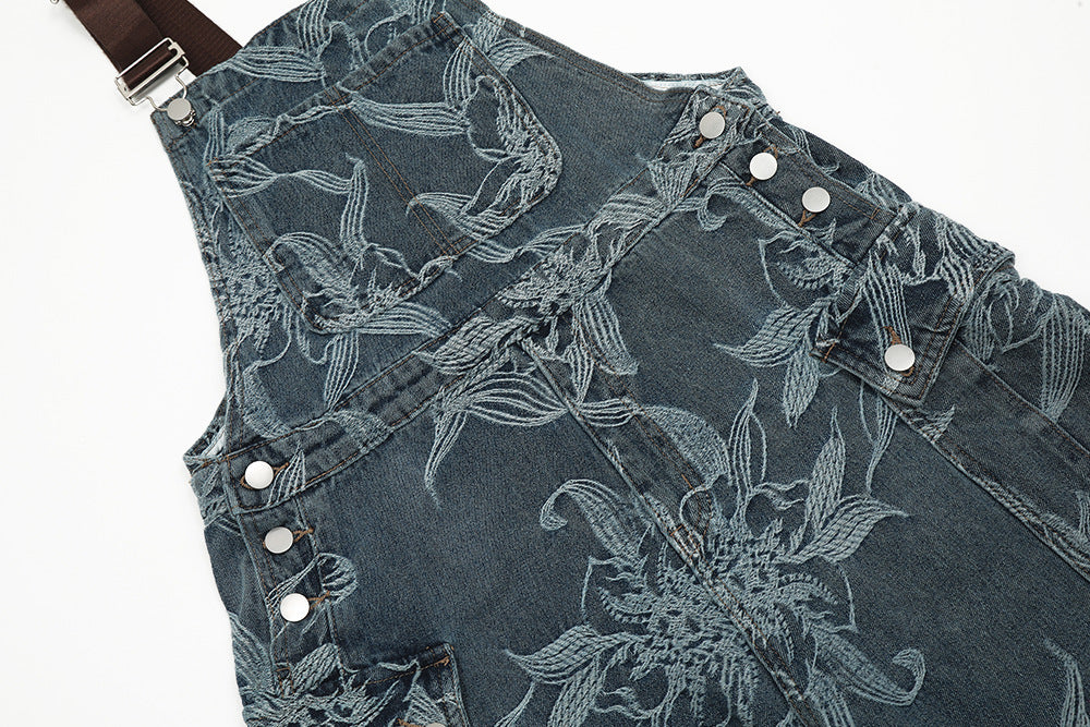 Men's Flower Jacquard Denim Suspender Overalls