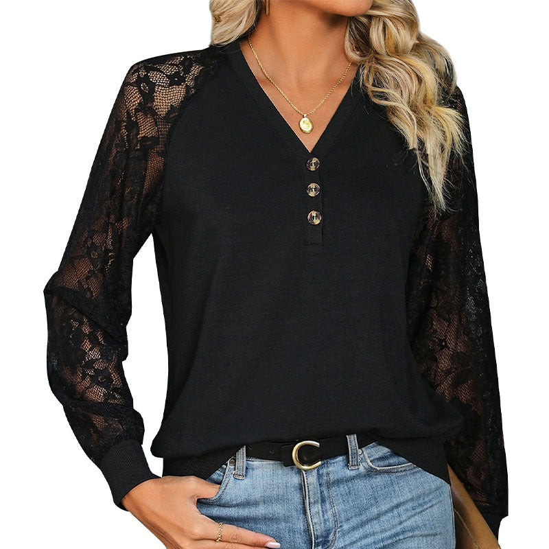Women's Lace Stitching Long Sleeve Black Hoodie