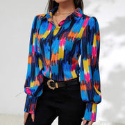Womens Fashion Printed Lantern Sleeve Colorblock Loose Top